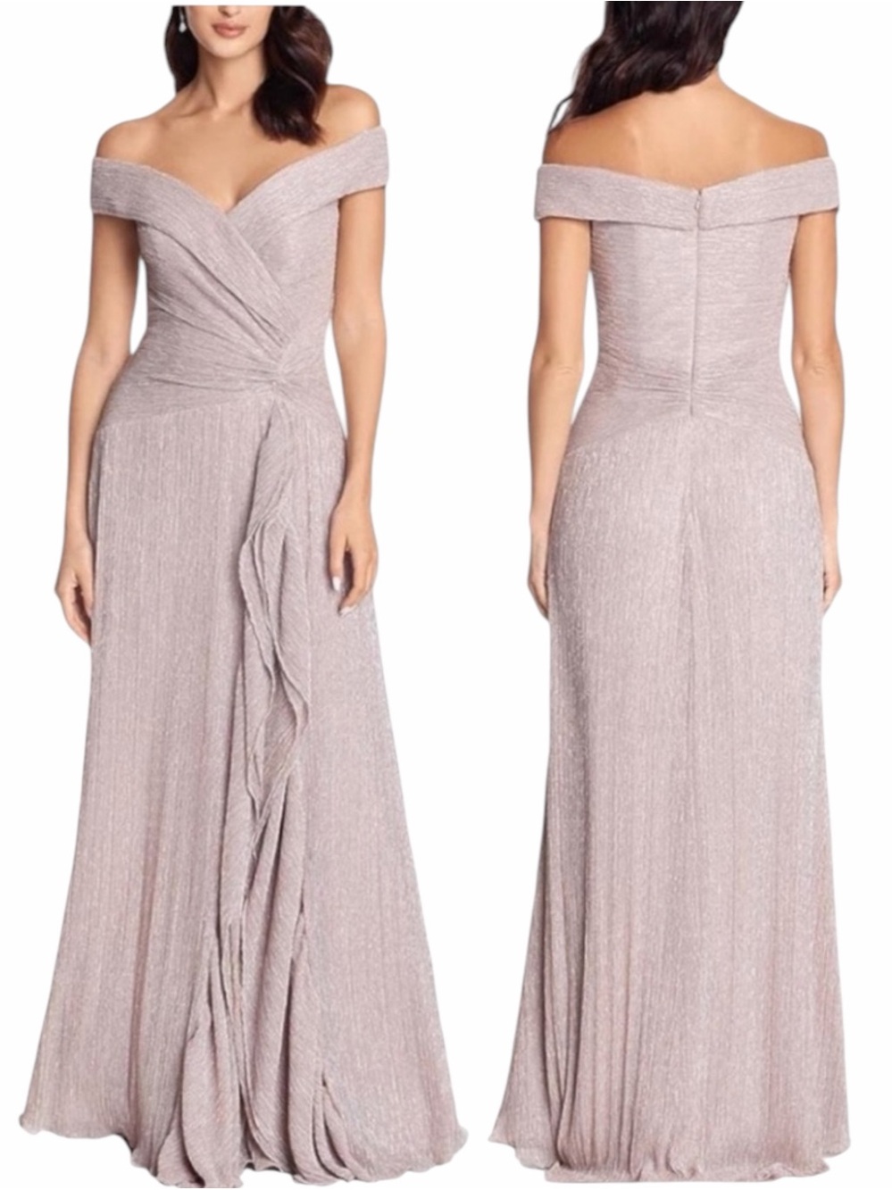 NWT XSCAPE Shimmer Off Shoulder Evening Gown Rose Pink Size 8